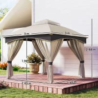 Gazebo da Giardino 3x3m in Acciaio con Doppio Tettuccio e Tende, Beige e Grigio