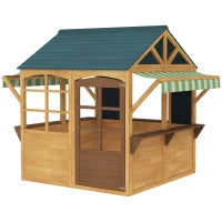 Casetta per Bambini 3-8 Anni con 5 Finestre e 2 Lavagne, in Legno di Abete, 173x117x144 cm, Marrone e Blu