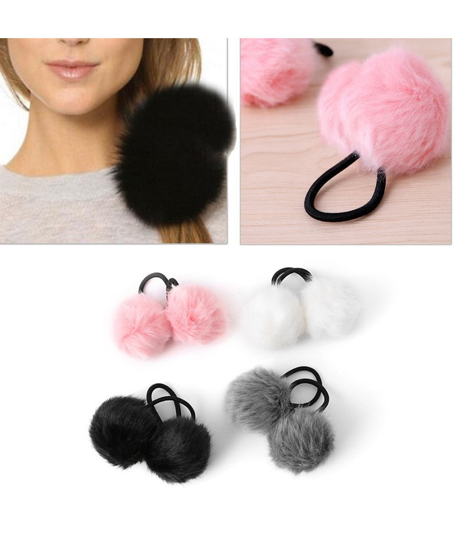 Codino 2 Palle Palline Pon Pon Pelliccia Peluche A05 Colorato Elastico Ragazza         