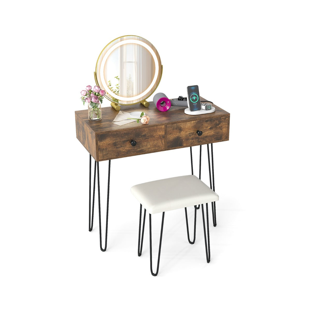 Toletta con specchio illuminato 80 x 40 x 76 cm con contenitore personalizzato stile moderno MDF marrone rustico 20_0017328