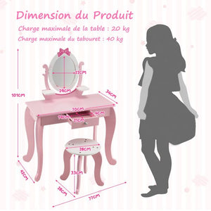 Toilette per bambini Specchio girevole a 360° Sgabello 1 cassetto e 2 ripiani portaoggetti rosa per bambina 3 - 7 anni 20_0002481