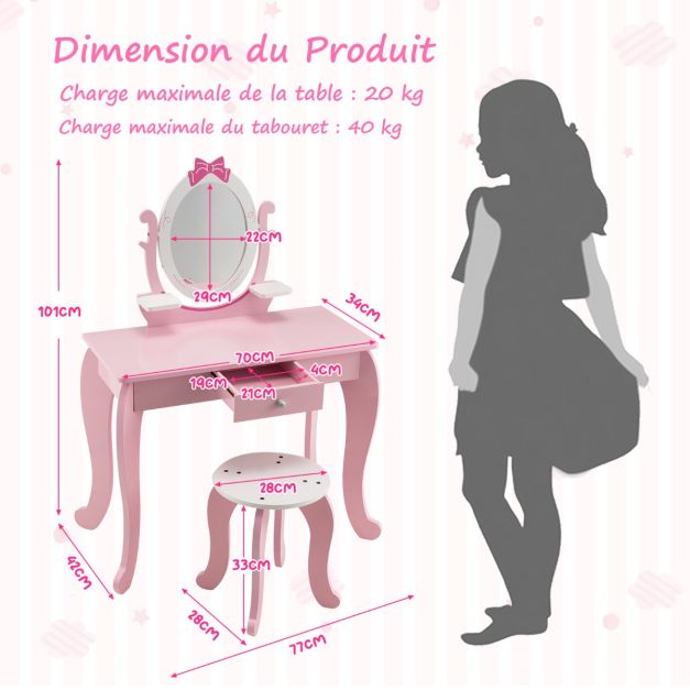 Toilette per bambini Specchio girevole a 360° Sgabello 1 cassetto e 2 ripiani portaoggetti rosa per bambina 3 - 7 anni 20_0002481