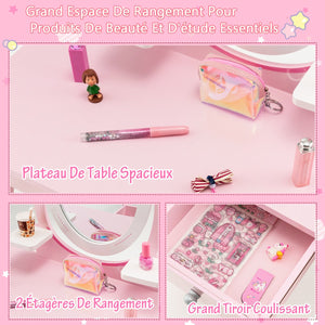Toilette per bambini Specchio girevole a 360° Sgabello 1 cassetto e 2 ripiani portaoggetti rosa per bambina 3 - 7 anni 20_0002481