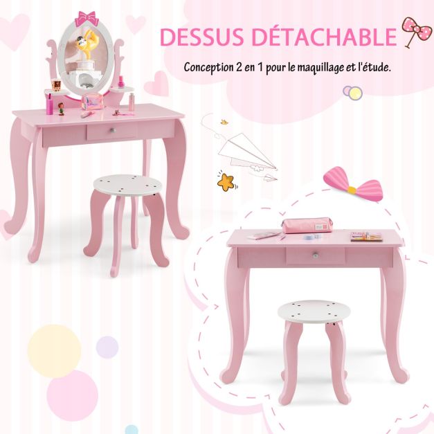 Toilette per bambini Specchio girevole a 360° Sgabello 1 cassetto e 2 ripiani portaoggetti rosa per bambina 3 - 7 anni 20_0002481