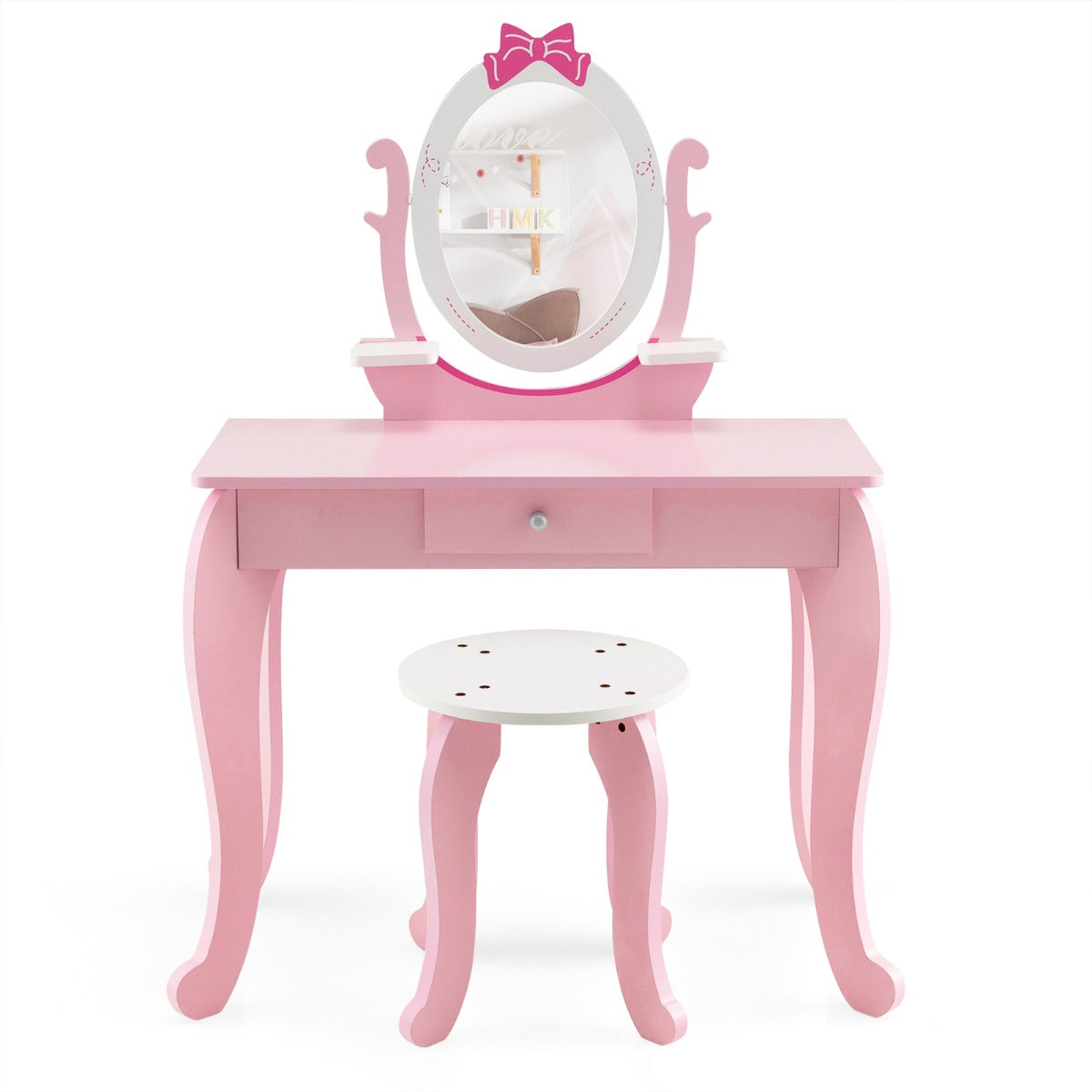 Toilette per bambini Specchio girevole a 360° Sgabello 1 cassetto e 2 ripiani portaoggetti rosa per bambina 3 - 7 anni 20_0002481