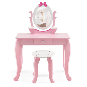 Toilette per bambini Specchio girevole a 360° Sgabello 1 cassetto e 2 ripiani portaoggetti rosa per bambina 3 - 7 anni 20_0002481