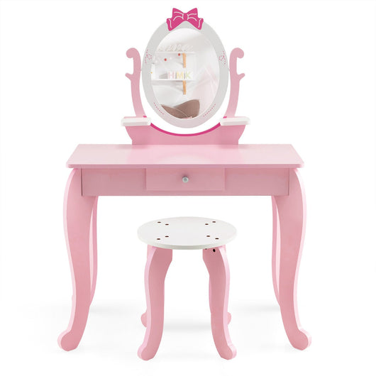 Toilette per bambini Specchio girevole a 360° Sgabello 1 cassetto e 2 ripiani portaoggetti rosa per bambina 3 - 7 anni 20_0002481
