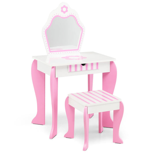 Toeletta per bambini con specchio e sgabello in legno stile principessa regalo per bambine rosa 20_0005756