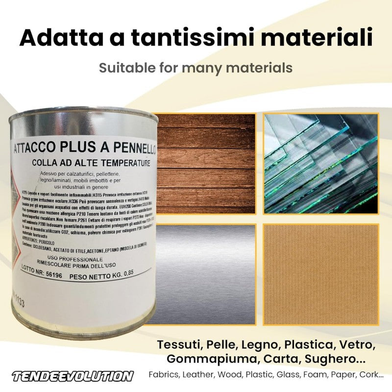 Colla di Alta Qualità AttaccoPlus a Pennello per Tessuti, Gommapiuma, Ecopelle e Altri Materiali - Prodotto Italiano - 850g