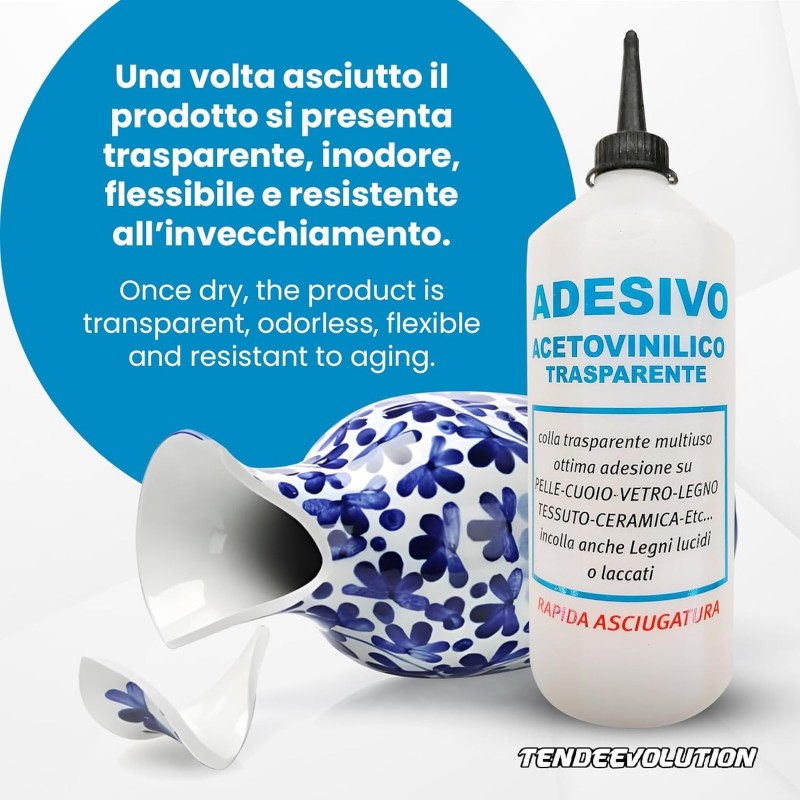Colla Acetovinilica FlashBond Universale e Trasparente da 500ml - Adesivo Professionale per Cuoio, Tessuti, Legno, Vetro e Altri