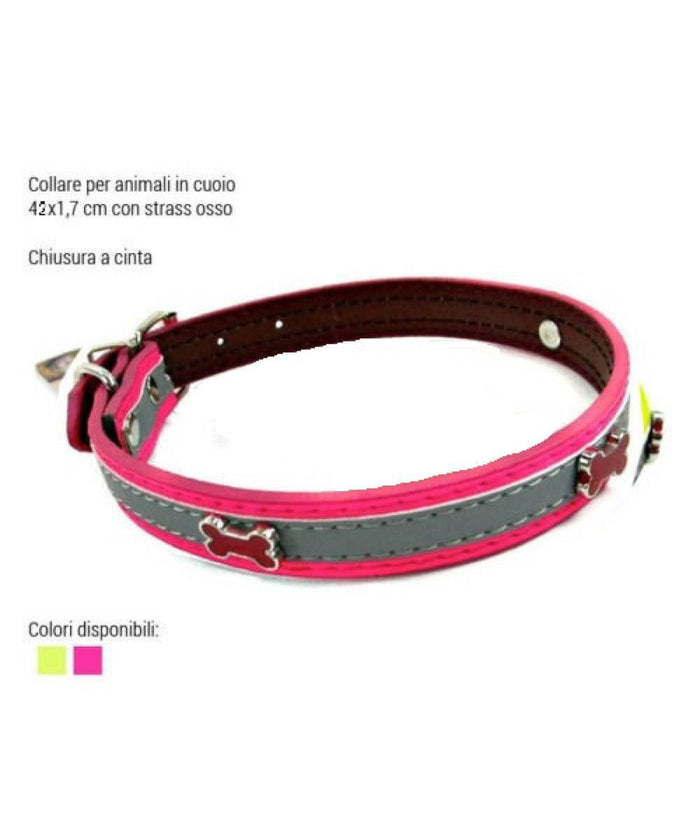 Collare Per Cani Cuccioli Gatti Animali In Cuoio 42 Cm Vari Colori Strass Osso         