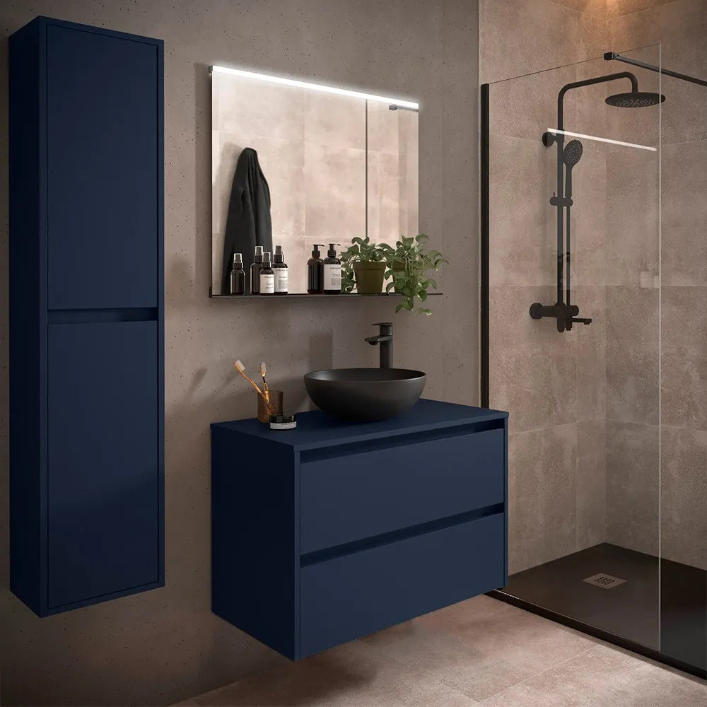 Colonna bagno sospesa 140 cm blu satinato ripiani regolabili Gaya
