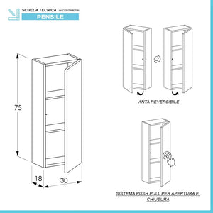 Colonna bagno sospeso H. 75 cm Master bianco opaco con anta reversibile