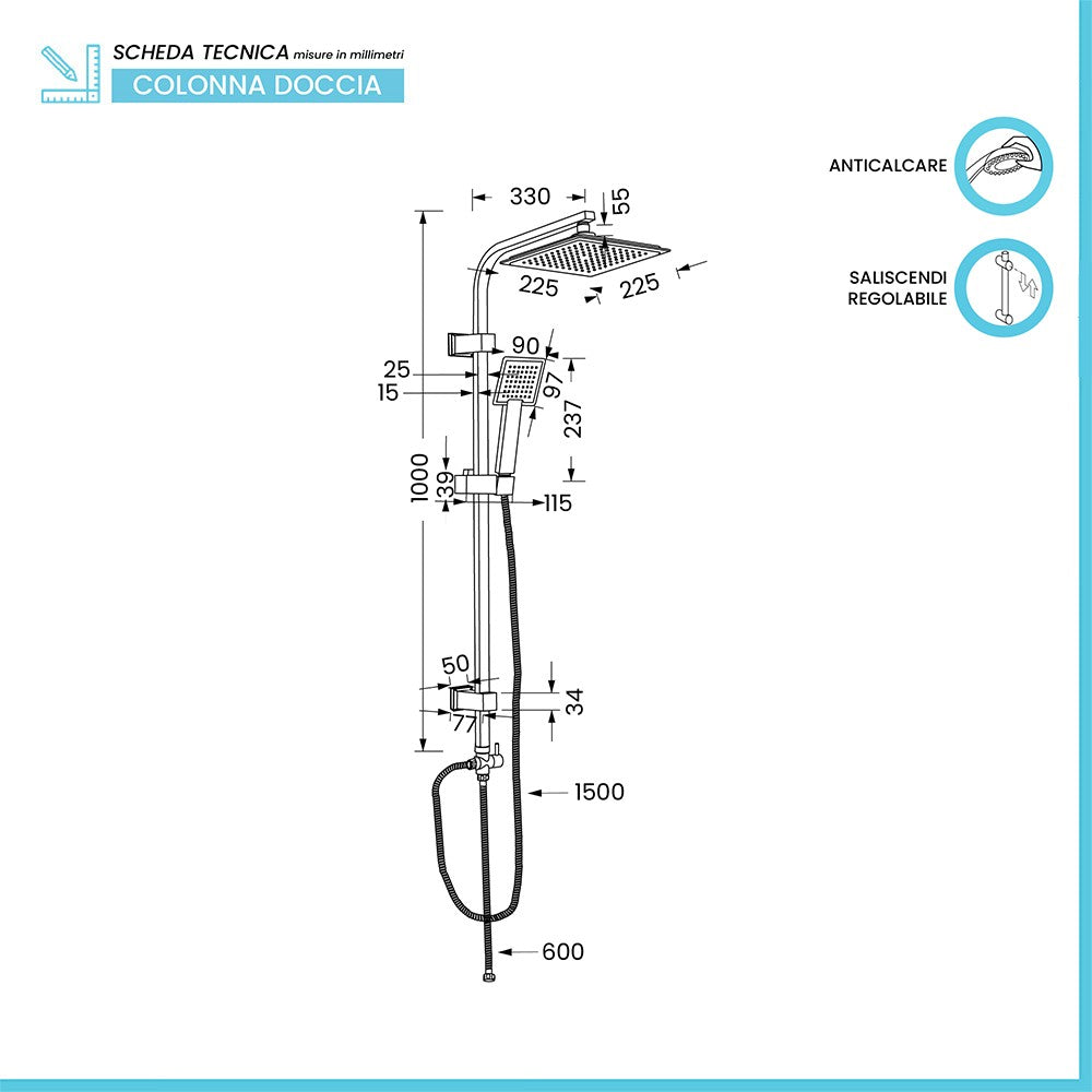 Colonna doccia completa cromata in acciaio inox design quadrato