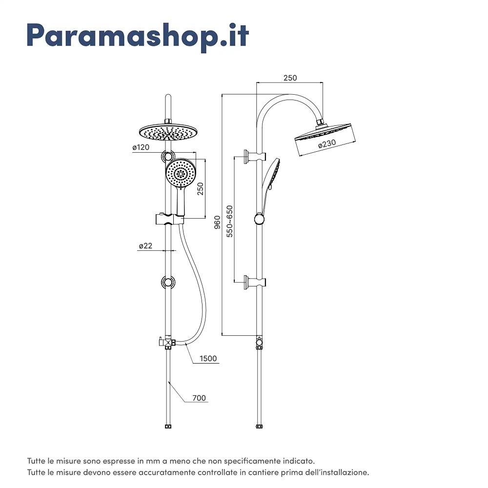 Colonna doccia con deviatore in acciaio inox soffione 23 cm | Arno