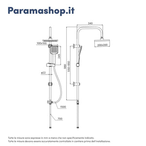 Colonna doccia in acciaio inox nero opaco soffione 20x20 cm | Tevere