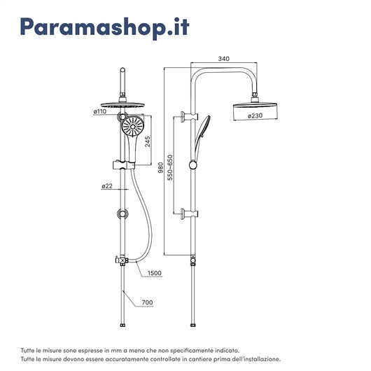 Colonna doccia in acciaio inox soffione 23 cm | Ticino