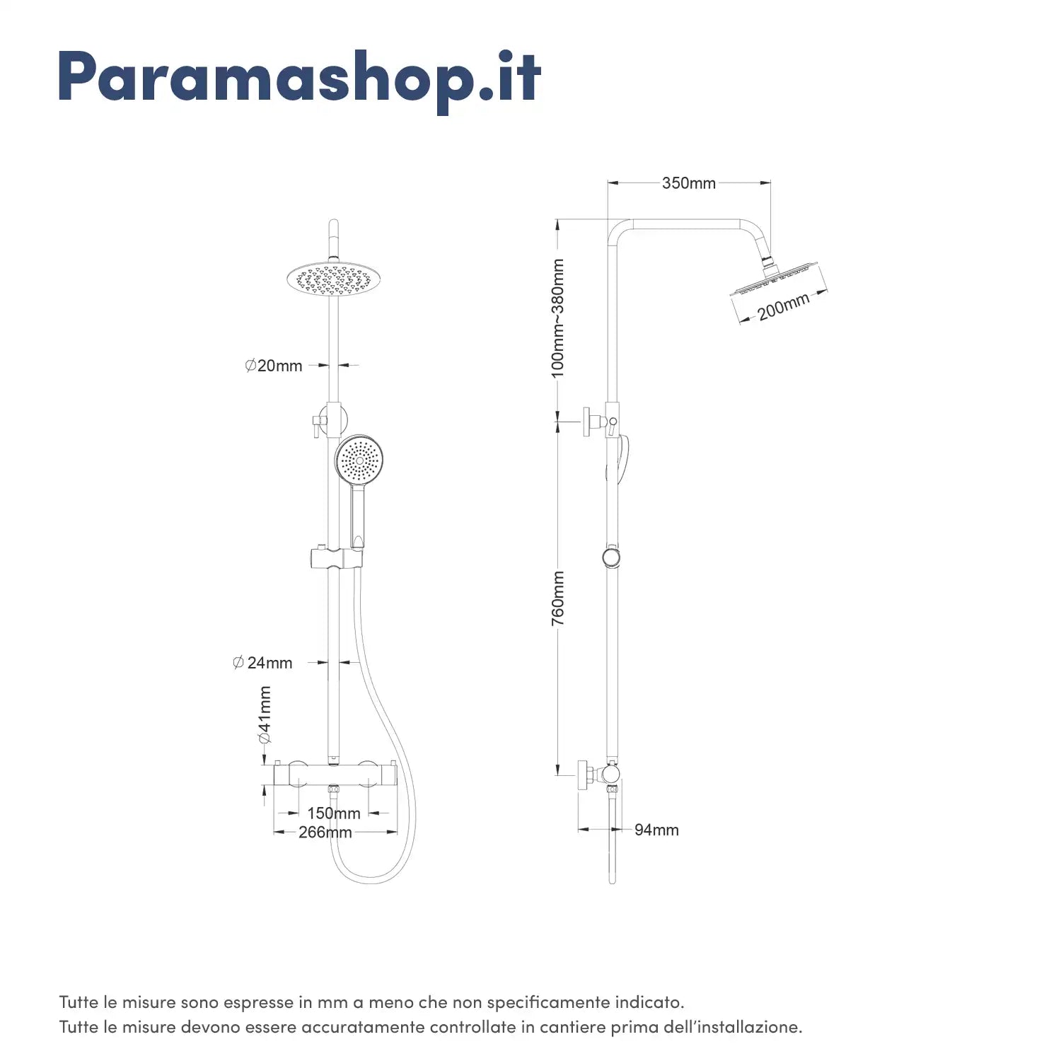 Colonna doccia soffione slim 20 cm in ottone cromato | Liri