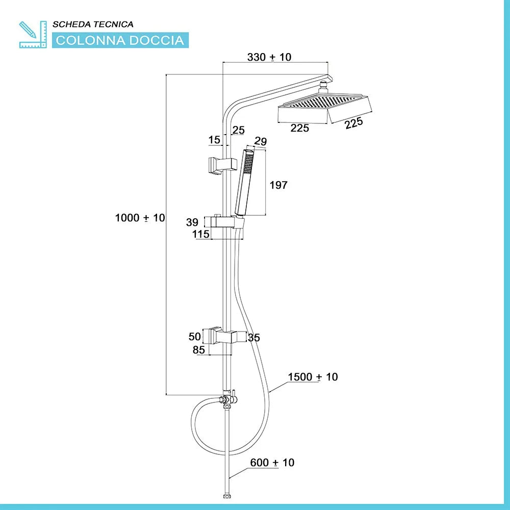 Colonna doccia nero opaco H 105 regolabile completa di soffione quadrato e doccetta