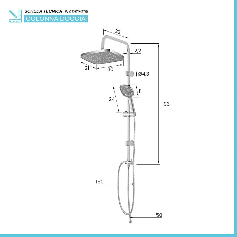 Colonna doccia regolabile H 93 con soffione rettangolare in acciaio