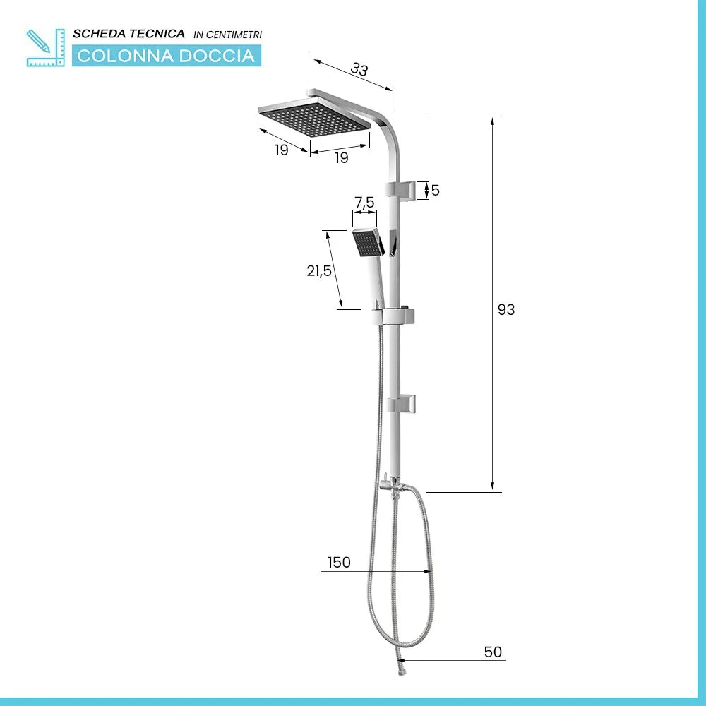 Colonna doccia regolabile H 93 in acciaio cromo con soffione 19x19