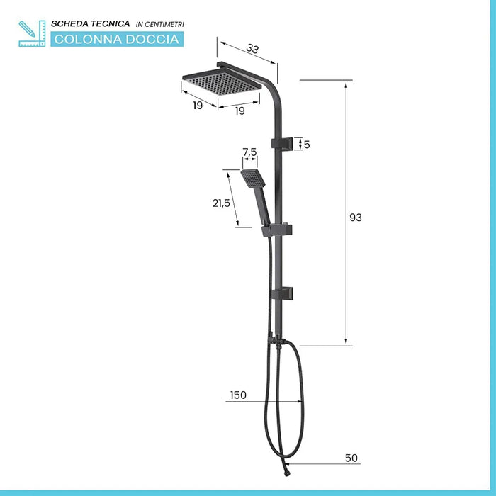 Colonna doccia regolabile H 93 in acciaio nero opaco soffione 19x19