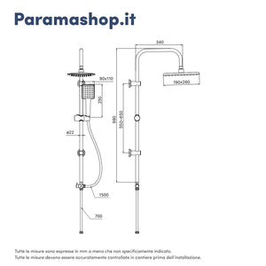 Colonna doccia in acciaio inox con deviatore a due vie e soffione 19x26 cm | Reno