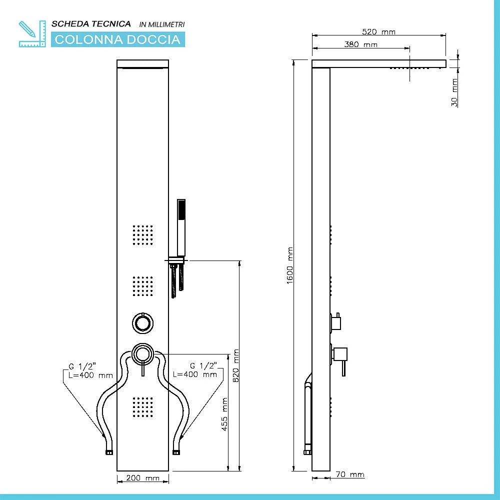 Colonna doccia satinata multi getto con 3 funzioni in acciaio inox
