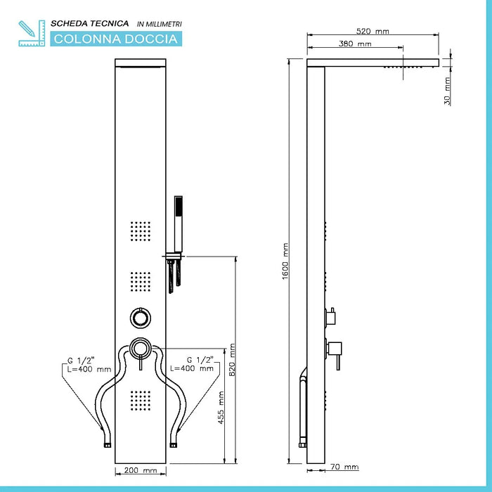 Colonna doccia satinata multi getto con 3 funzioni in acciaio inox