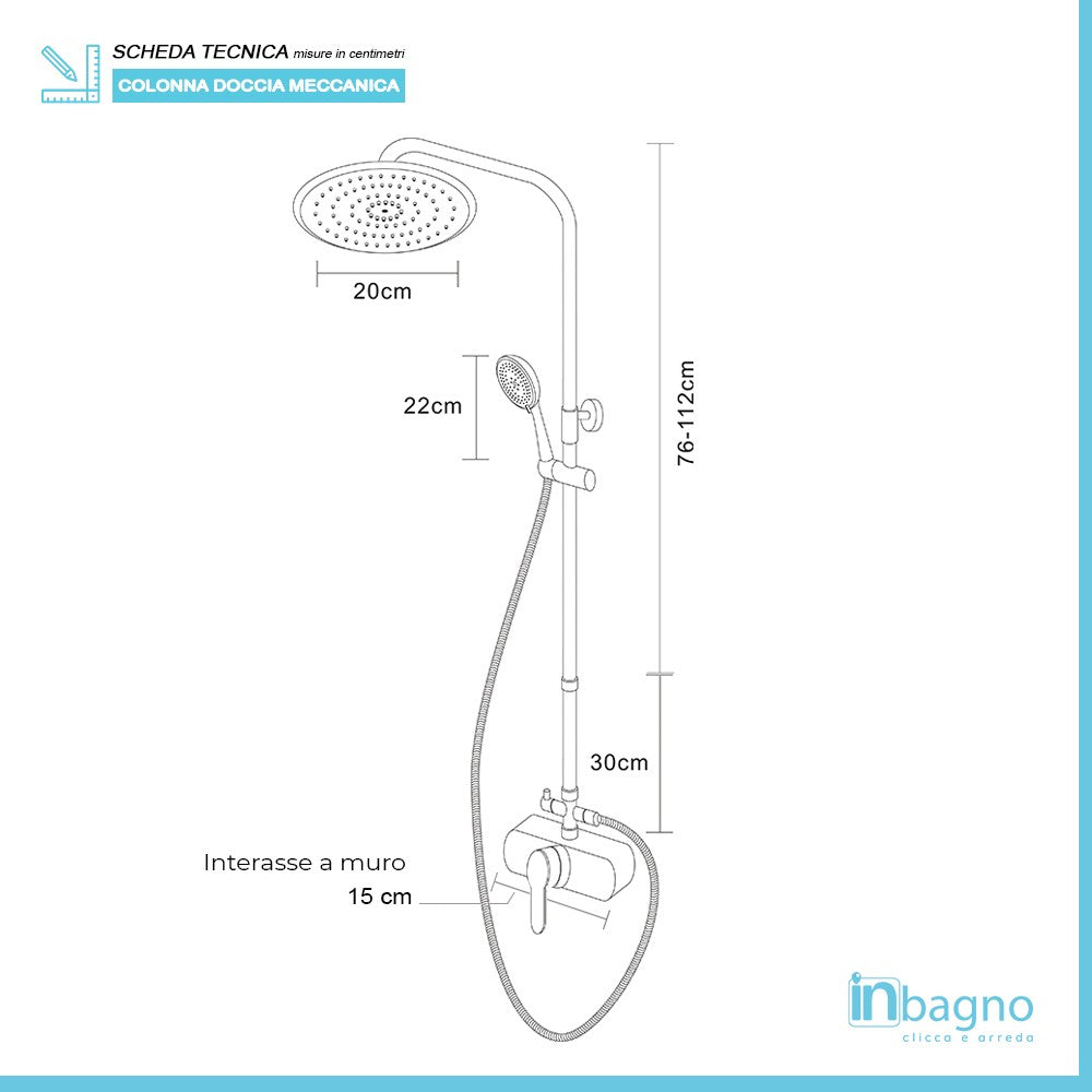 Colonna doccia telescopica cromata con miscelatore e soffione 20 cm