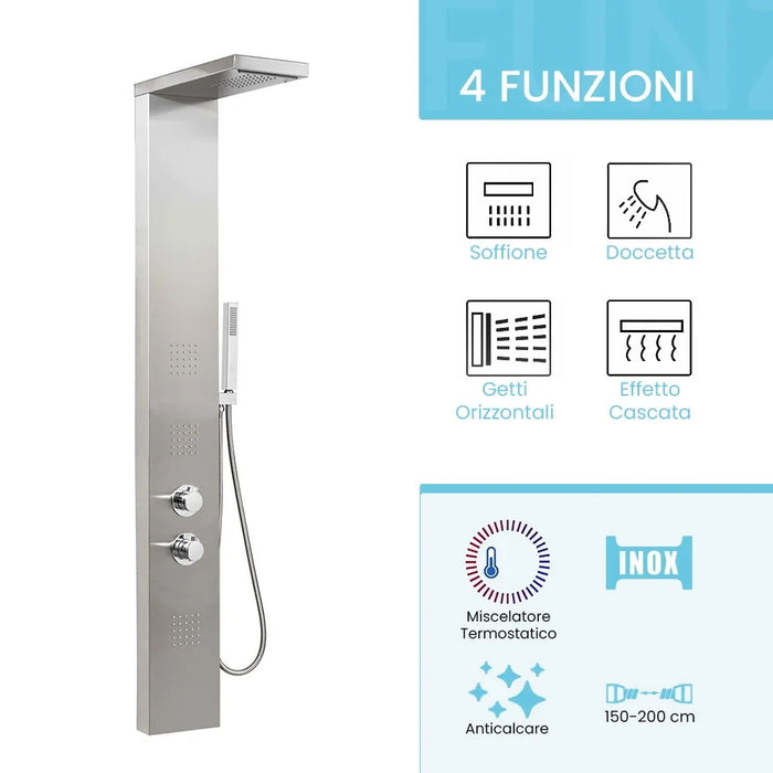 Colonna doccia termostatica in acciaio inox satinato con 4 funzioni