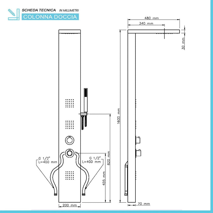Colonna doccia termostatica in acciaio inox satinato con 4 funzioni