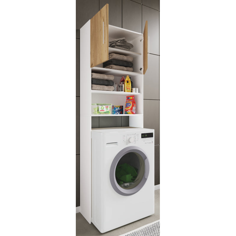 Colonna Lavanderia Coprilavatrice con Ripiani In Legno Colore Bianco e Noce H190 × L64 × P25 cm Soluzione Salvaspazio per Bagno