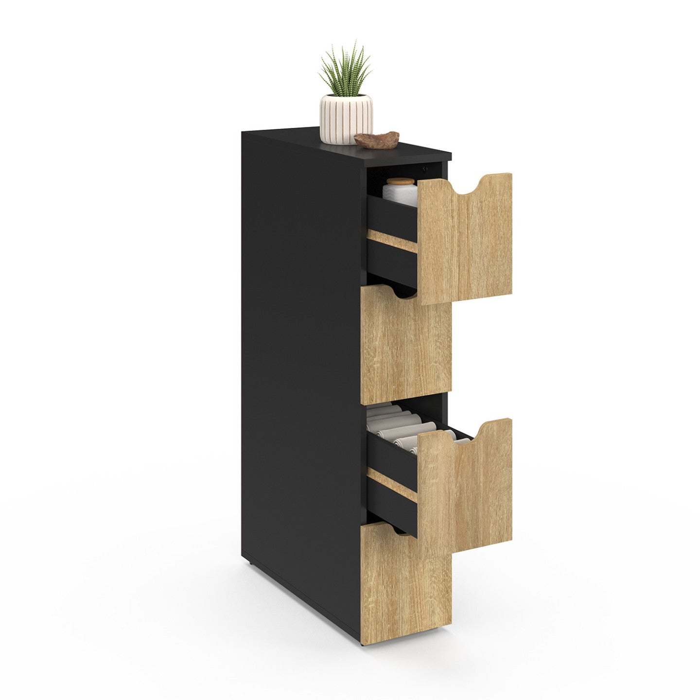 IDMarket - Colonna salvaspazio WILO a 4 cassetti su rotelle in look nero e faggio