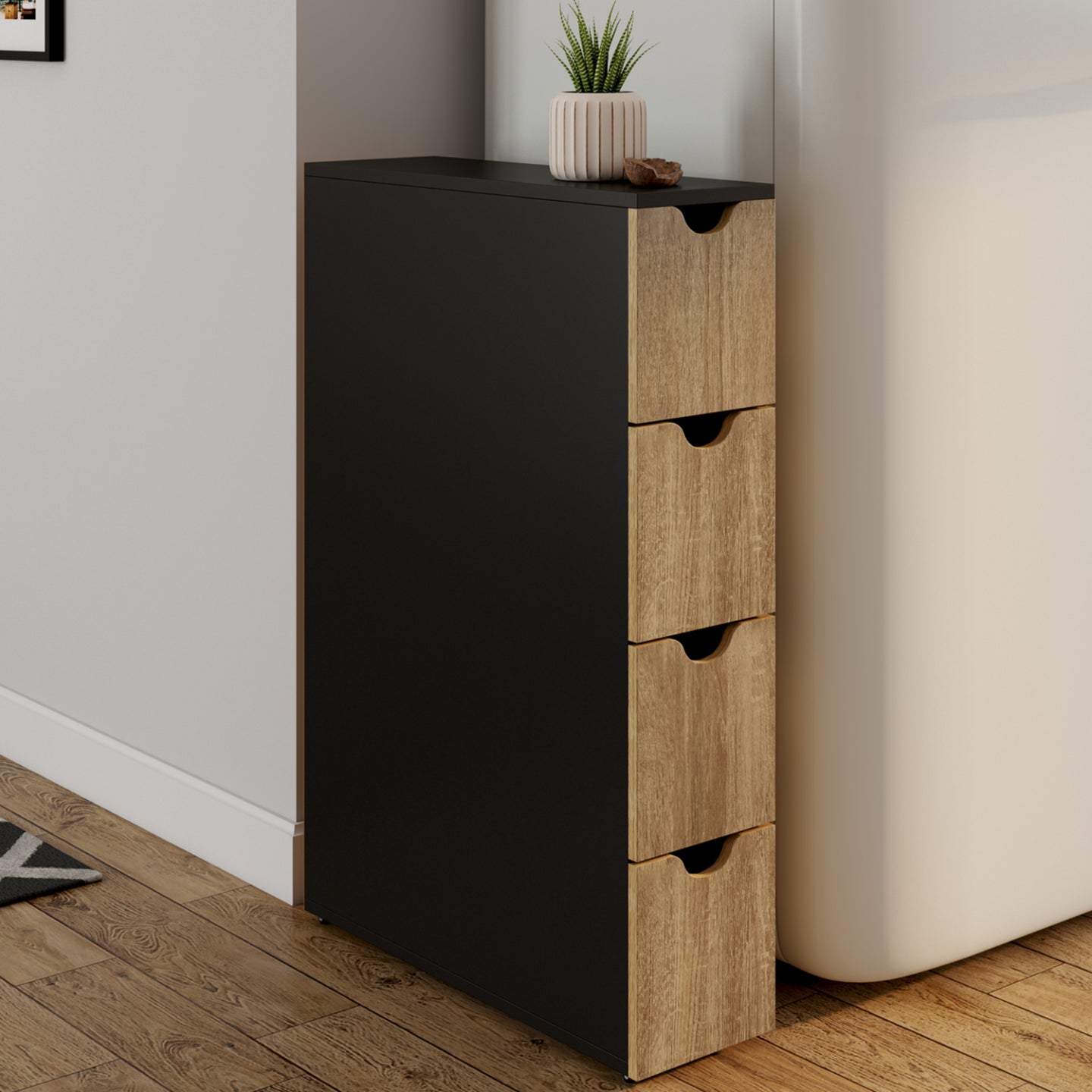 IDMarket - Colonna salvaspazio WILO a 4 cassetti su rotelle in look nero e faggio