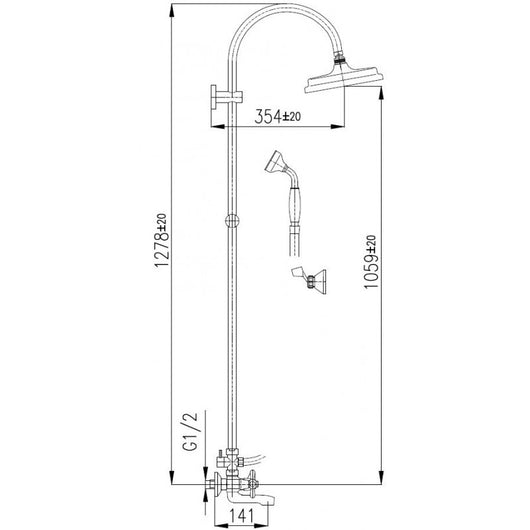 Colonna doccia MORAVA in ottone cromato con doccetta 130 cm
