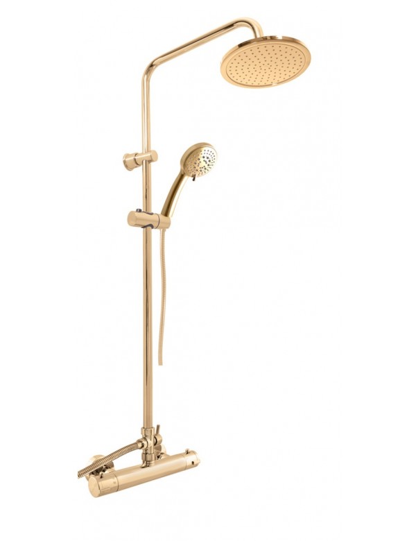 Colonna doccia a parete termostatica in ottone dorato con doccetta H. 109 cm