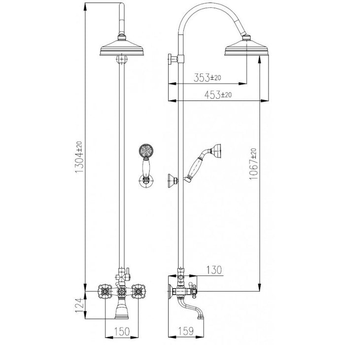 Colonna doccia retrò MORAVA in ottone cromato con doccetta H 150cm