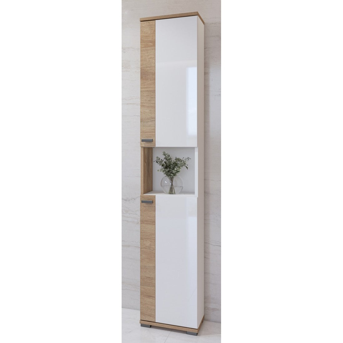 Colonna da bagno collezione BALEA - 2 porte e 1 nicchia, colore bianco e rovere