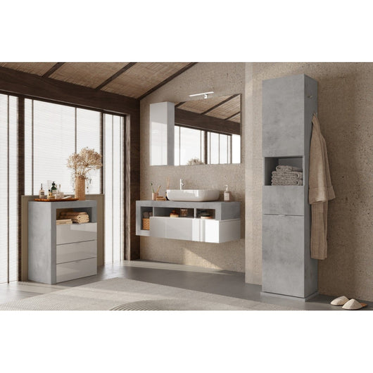 Colonna da bagno girevole con specchio, 2 porte e 1 cassetto, collezione BURA. Colore grigio effetto cemento.
