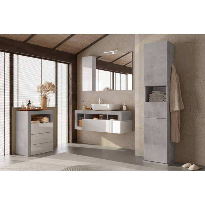 Colonna da bagno girevole con specchio, 2 porte e 1 cassetto, collezione BURA. Colore grigio effetto cemento.