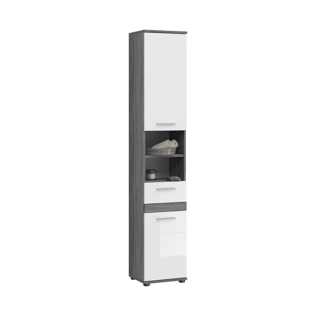 Colonna da bagno WILLIAM 2 porte e 1 cassetto – Bianco e grigio scuro