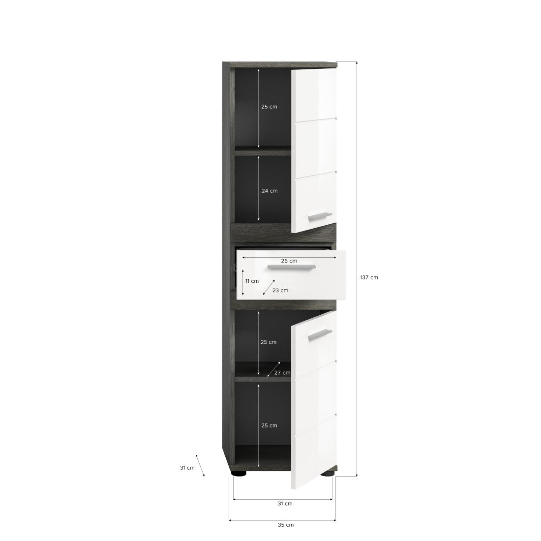 Colonna da bagno WILLIAM – 2 porte e 1 cassetto – Bianco e grigio scuro