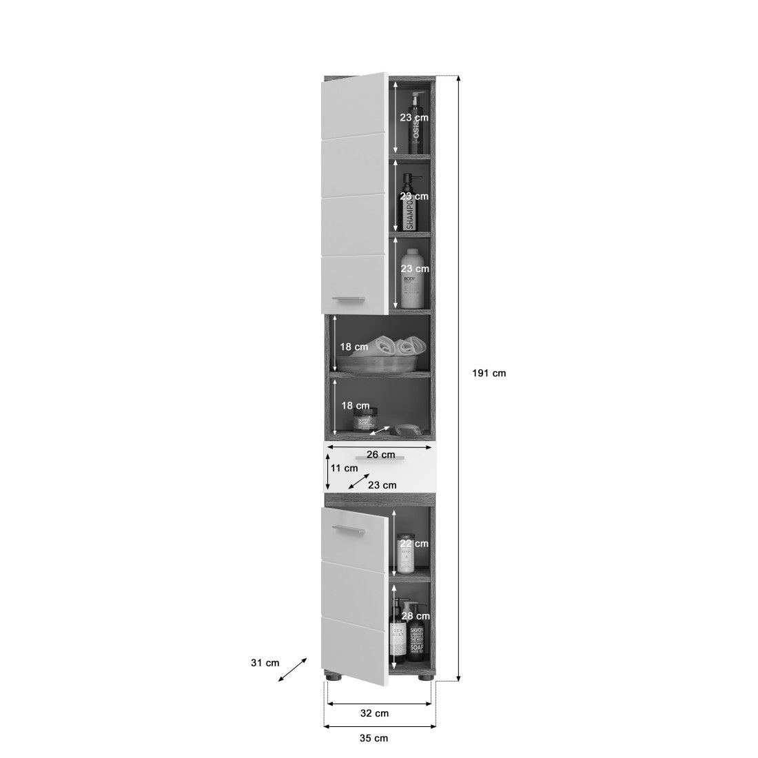 Colonna da bagno WILLIAM 2 porte e 1 cassetto – Bianco e grigio scuro