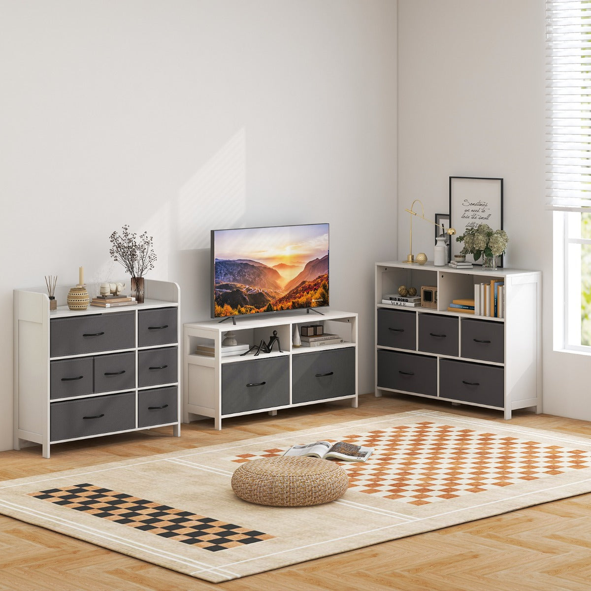 Com¨° con 2 grandi ceste in tessuto e 3 ceste medie, Organizzatore per la casa con cassetti in tessuto pieghevole Bianco-Credenze buffet