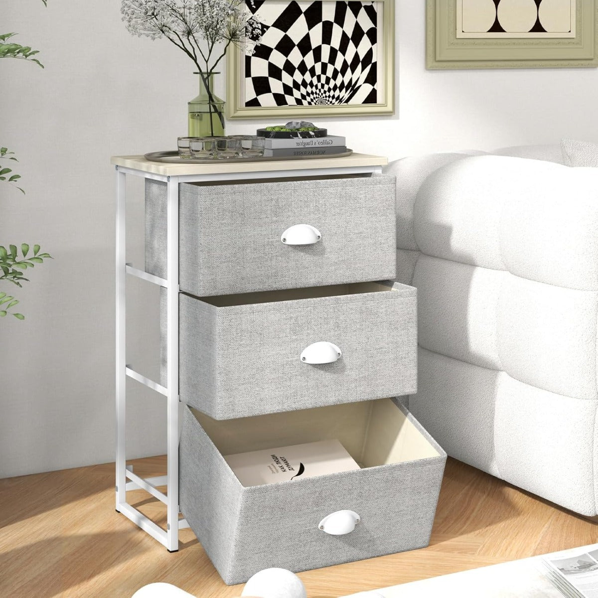 Com¨° con 3 cassetti pieghevoli telaio in metallo, Unit¨¤ di organizzazione per camera da letto ingresso Bianco-Comodini