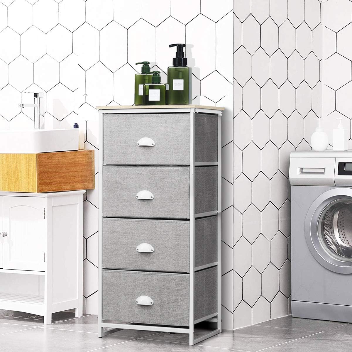 Com¨° con 4 cassetti pieghevoli telaio in metallo, Unit¨¤ di organizzazione per camera da letto ingresso Bianco-Comodini