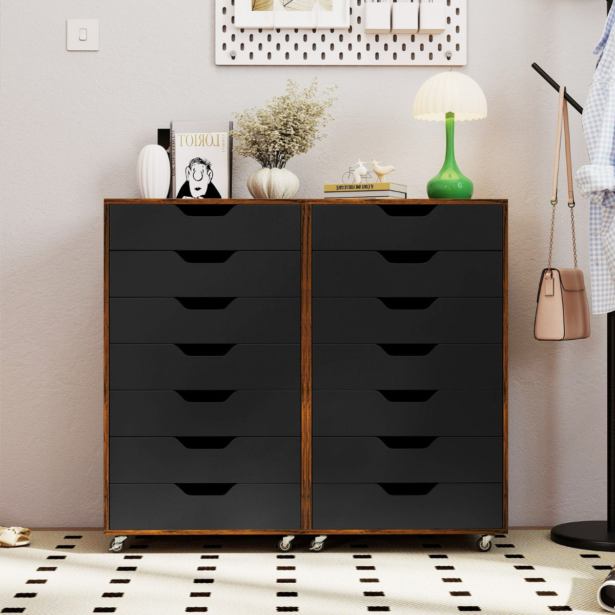 Mobile con 7 cassetti organizzatore di documenti mobile con 4 ruote girevoli universali, Mobile com¨° verticale in legno Noce-Cassettiere