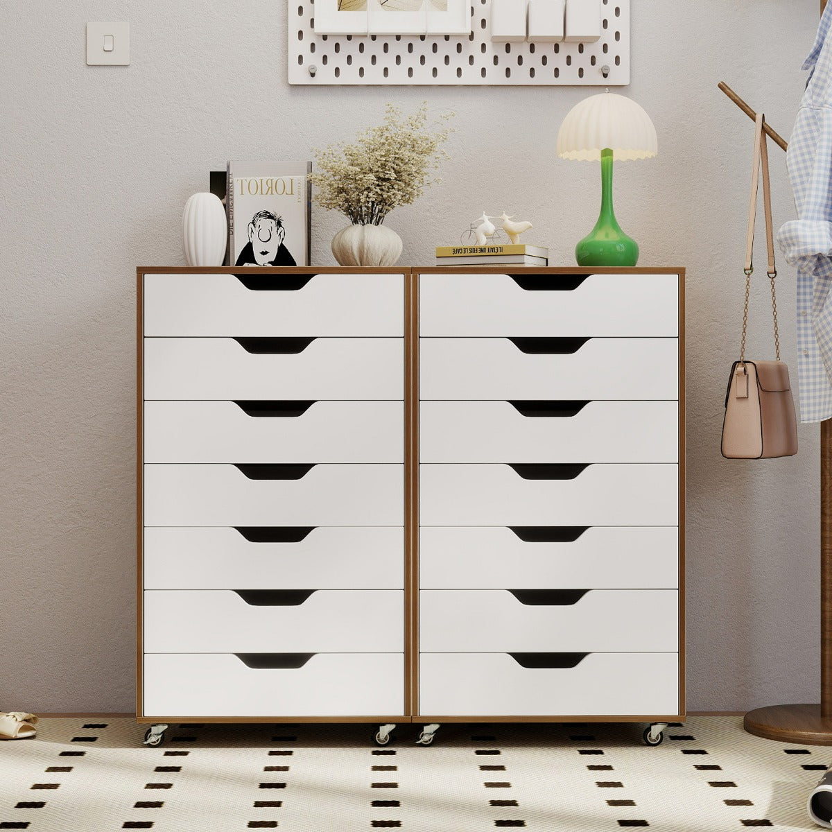 Mobile con 7 cassetti organizzatore di documenti mobile con 4 ruote girevoli universali, Mobile com¨° verticale in legno Bianco-Cassettiere