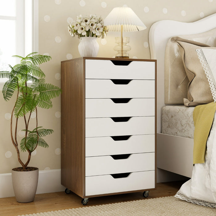Mobile con 7 cassetti organizzatore di documenti mobile con 4 ruote girevoli universali, Mobile com¨° verticale in legno Bianco-Cassettiere